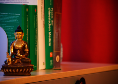 Goldene Statue des Medizin Buddha mit medizinischen Büchern im Hintergrund